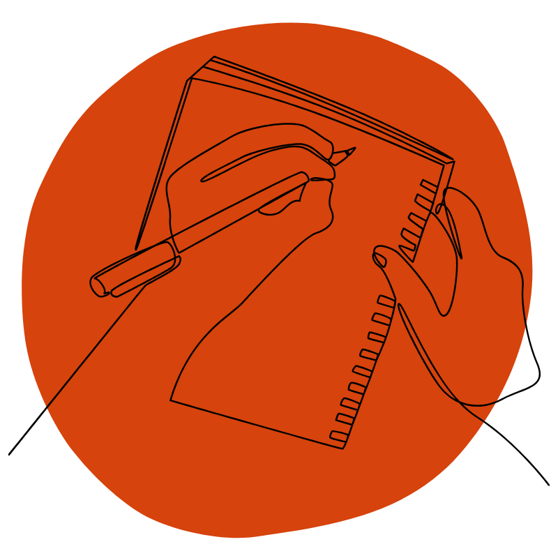 Line art illustration of a hand writing in a notebook