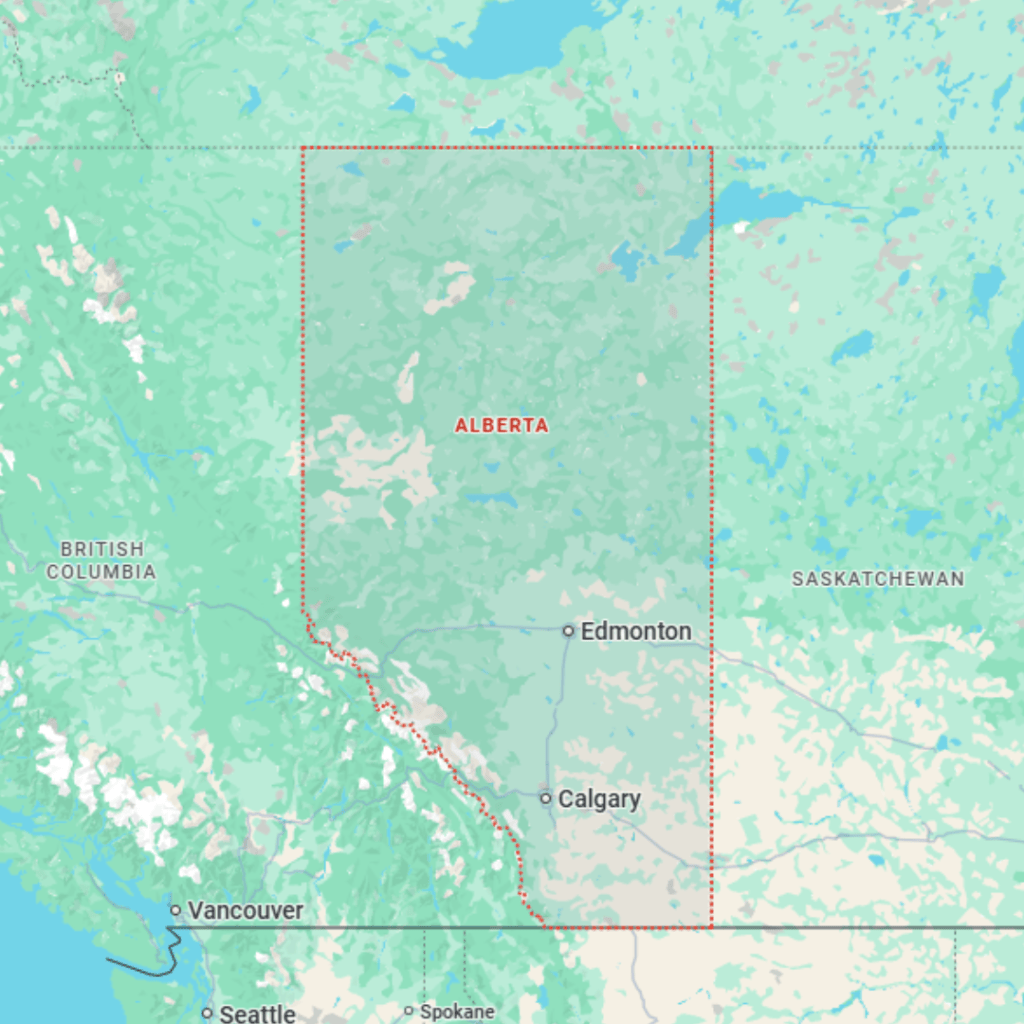Map of Alberta representing virtual counselling available across the province