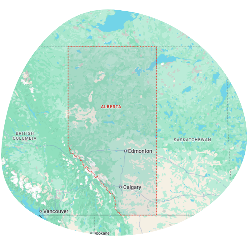Map showing the province of Alberta, Canada, outlined in red, with major cities Edmonton and Calgary labeled.