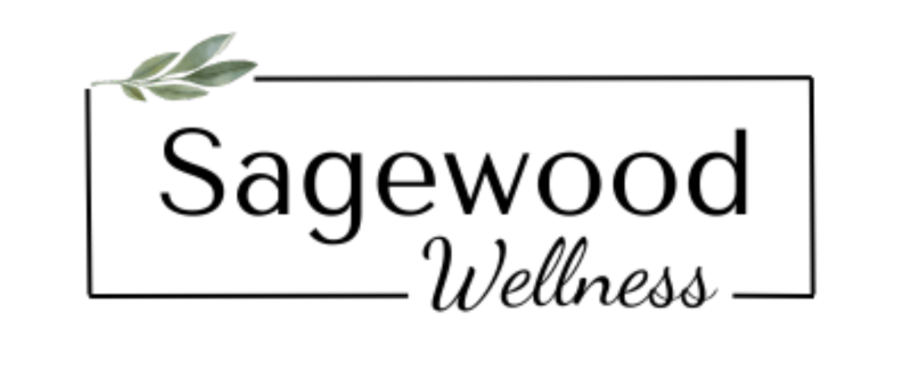 Logo for Sagewood Wellness featuring the brand name in bold font, accompanied by a small green leaf.